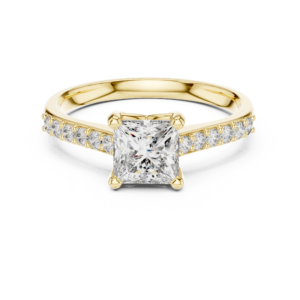 Princess Cut Diamond Solitaire Engagement Ring in Solid Gold with Pavé Band | Classic Bridal Ring