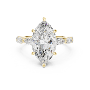 Marquise Cut Diamond Engagement Ring in Solid Gold with Marquise & Round Side Stones | Vintage Inspired Bridal Ring