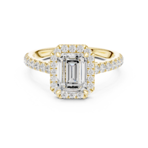 Emerald Cut Halo Diamond Engagement Ring in Solid Gold | Pavé Band Ring