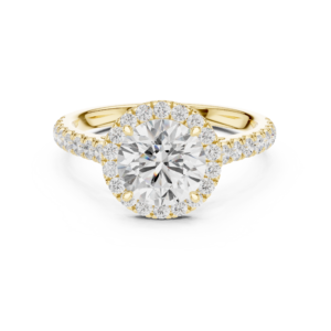 Round Cut Halo Diamond Engagement Ring in Solid Gold | Pavé Band Bridal Ring