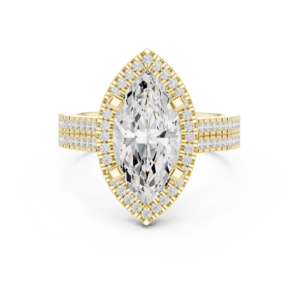 Vintage Marquise Cut Halo Diamond Engagement Ring in Solid Gold | Triple Pavé Band Ring