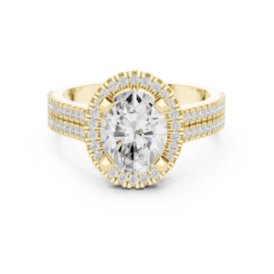 Oval Cut Diamond Halo Engagement Ring in Solid Gold | Double Pavé Split Shank Bridal Ring