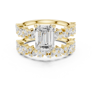 Emerald Cut Diamond Engagement Ring Set in Solid Gold | Marquise & Round Diamond Wedding Band Set