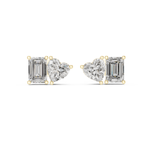 Unique Two-Stone Diamond Stud Earrings – Heart & Emerald Cut in Solid Gold